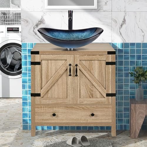 ARTETHYS Bathroom Sink Cabinet, Bathroom Vanity Units with Basin, 70cm Modern Free Standing Cloakroom Cabinet with Cloakroom Blue Glass Vessel Sink