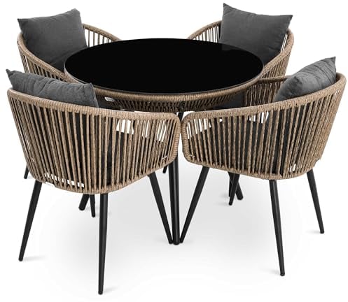 di volio Gartenmöbel-Set RIETI Beige/Grau, Terrassenmöbel aus Polyrattan und Stahl, Gartenmöbel für 4 Personen - Couchtisch & 4 Stühle