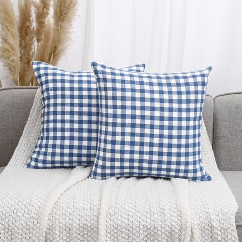 CARRIE HOME Farmhouse Kissenbezug, kariert, 40,6 x 40,6 cm, 40,6 x 40,6 cm, blau und weiß kariert, dekorative Dekokissen für Couch und Bett, blaue Outdoor-Kissen für Terrasse, Veranda, 40,6 x 40,6 cm,