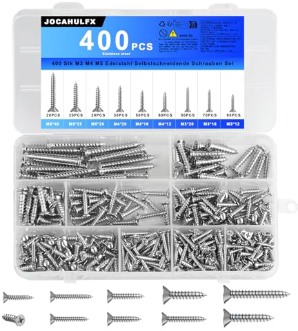 400 Pezzi M3 M4 M5 Viti Autofilettanti per Legno, Viti a Testa Piatta Phillips, Viti per Legno a Testa Svasata Croce Assortimento Kit, Set Viti in acciaio INOX per Lamiera