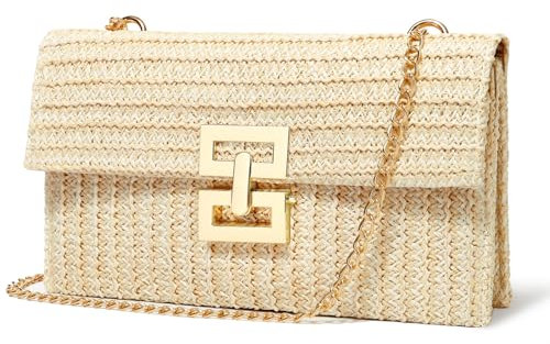 LUOFMISS Straw Clutch Purse Crossbody Bag for Women Designer Evening Handbag Casual Summer Beach Straw Shoulder Bag, Beige, M