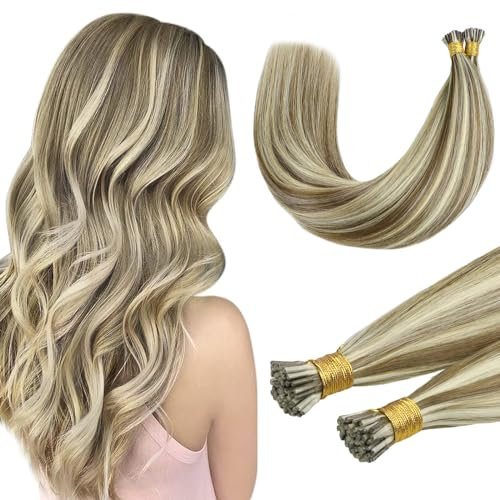 DOORES I Tip Human Hair Extensions, Light Brown Highlighted Medium Blonde 50g/100s 16 Inch, Balayage Extensions Cold Fusion Straight Real