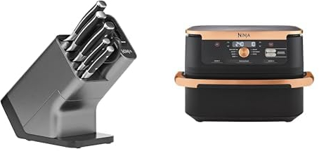 Bloc-couteaux Ninja Foodi StaySharp avec Affûteur, 6 Pièces Aiguisés, Acier Inoxydable, K32006EU + Ninja Foodi FlexDrawer Air Fryer, Dual Zone Avec Séparateur Amovible, Grand Tiroir 10.4 L, AF500EUCP