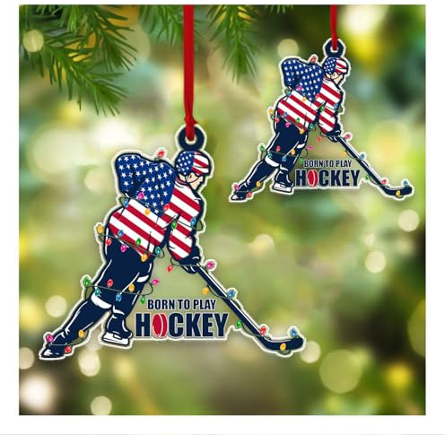 Born to Play Eishockey-Spieler, Weihnachtsbaumschmuck, Geschenk, Eishockey-Fans, Ornament 2024, Hockey-Geschenke für Jungen, Spieler, Sportliebhaber, Dekoration, Ornamente, 1 Seitendruck, flaches