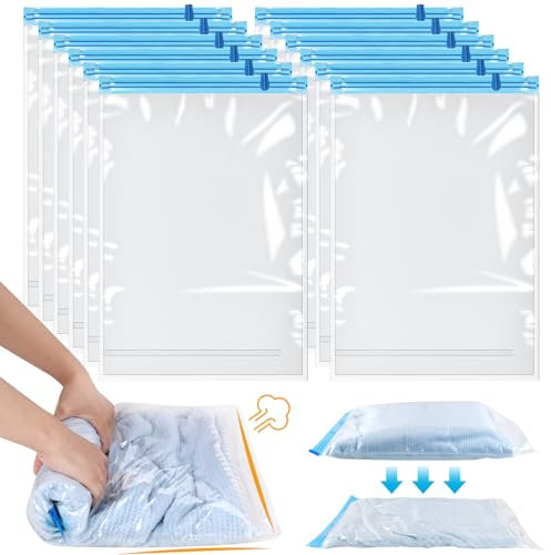 Dntorx 12 Stück Vakuumbeutel für Kleidung Reise, 40x60cm Vacuum Bags for Clothing Platzsparende Vakuumierbeutel Kleidung Wiederverwendbare Reisezubehör Kleiderbeutel Keine Vakuumpumpe Erforderlich