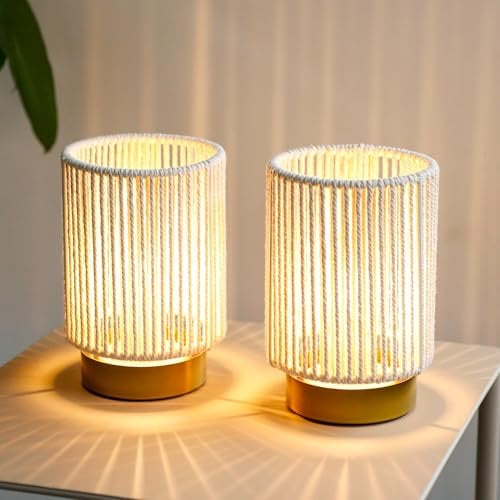 JHY DESIGN Set of 2 Braided Cotton Rope Table Lamp 17cm Tall Battery Operated Light with 6 Hours Timer Beside Lanterns Great for Living Room Bedroom Weddings Parties Patio Events