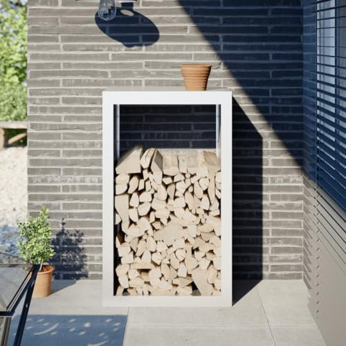 Homgoday Brennholzregal Kaminholzregal Metall Brennholzregal Außen, Feuerholzregal Holzunterstand Holzlager Brennholzlager Holzlager Kaminholzständer Weiß 60x40x100 cm Stahl