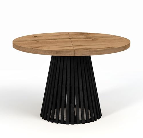 Dekori Möbel Runder Ausziehbarer Tisch für Esszimmer, Dover - Industrial/Loft Still mit Lamellenbeine, Durchmesser Varianten : von 90 bis 220 cm (Eiche Wotan/Schwarz, 120/220)