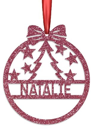 KreateSquare Personalised Christmas Bauble, 950 GSM Double-Sided Glitter Xmas Tree Decoration, Custom Name Baubles, Red & White Christmas Decorations Ornaments (Cerise, Xmas Tree)