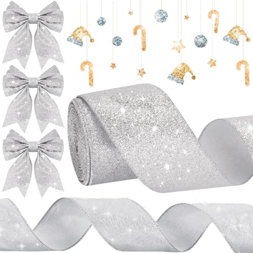 KVGBNT Schleifenband Weihnachten, Weihnachten Deko, 9,1M Weiches Schleifenband 63MM Schleifenband Weihnachten Für Weihnachten Basteln, Geschenkverpackungen, Baumschmuck Weihnachten (Silber)