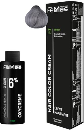 Femmas Haarfarbe Set Gray I Hair Color Cream 100ml + Oxycreme 100ml 6% I Permanente Haar-Coloration + Entwickler I Schonend & langanhaltend I Salon-Haarfarbe für Zuhause