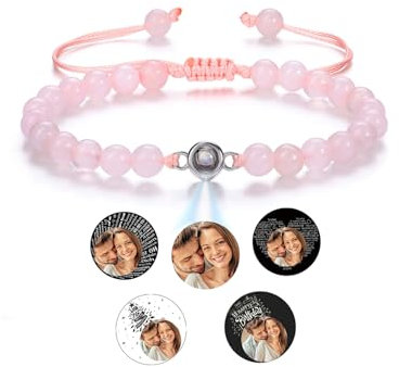 CrystalTears Armband mit Foto personalisierte Projektion Armband im Stein Rosenquarz Perlenarmband Benutzerdefinierte Valentinstag Geschenke