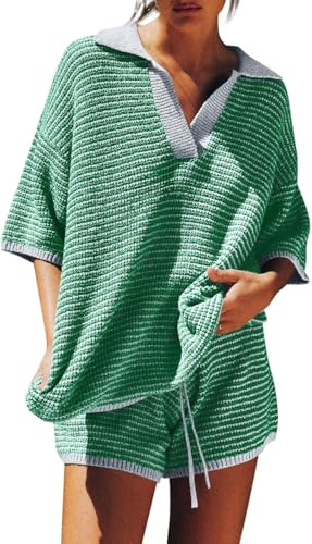 Tankaneo Womens Sweater Set 2 Piece Outfits Oversized 3/4 Sleeve V Neck Knit Tops High Waisted Shorts Lounge Sets