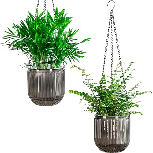 Josteve 5.3 Inch 2 Pcs Self Watering Hanging Planter Indoor Plant Pots with Drainage Holes, Outdoor Hanging Planters Flower Pot Basket, Visible Water Level, Plant Hanger Home Decor, Gardening