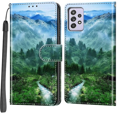 Handyhülle für Samsung Galaxy A52 4G/5G/A52s, Wald | Magnetisch, Stoßfest, Kartenfächer, Flip PU Leder, Brieftasche Schutzhülle, Ständer Klapphülle