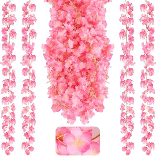 VISLANTE 4 Stück Kirschblüten Künstliche Blumen Girlande 180cm Kirschblüten Deko Blumengirlande Kunstblumen Seidenblumen Hängend Vines für Hochzeit Garten Party Wand Zimmer Dekoration (Dunkelrosa)