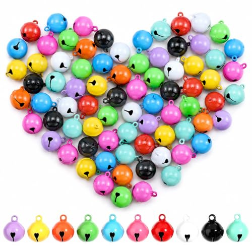 100 Stück Bunt Kleine Glöckchen Metallglöckchen zum Basteln 14mm, Glocken zum Basteln mit Löchern, Kleine Schellen, Anhänger Weihnachten für DIY Schmuck Weihnachten Haustier