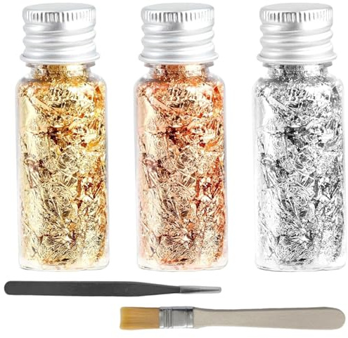 3 Bottles Decorative Gold Leaf, 24K Gold Foil Flakes, with Tweezer and Brush, Colorful Metallic Gilding Paper, for Cake Decorating, DIY Crafts, Resin Art, Jewelry Making & Nail Art(Gold, Silver, Rose)