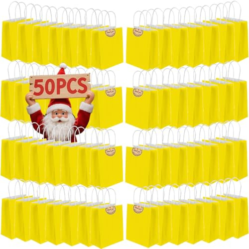 50 Stück Geschenktüten mit Henkel,Kleine Papiertüten mit Aufklebern,130GMS Kraftpapier tüten, Partytüten Einkaufen Hochzeiten Partys Geburtstag Weihnachten Halloween(Gelb)