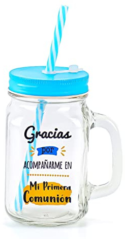 Pack de 6 a 24 uds, Jarras Cristal Comunión con Pajita, Frase “Gracias por Acompañarme”, 480 ml, Tapa de Colores Surtidos, 13,5 x 7 cm, Detalles para Invitados, Regalantes (24, Azul)