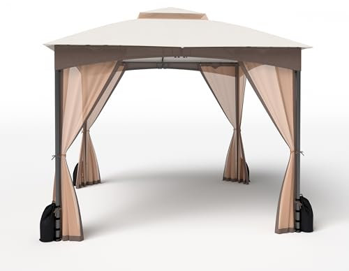 RELAX4LIFE Pergola da 3 x 3 m, con Zanzariera, Padiglione Idrorepellente con Doppio Tetto, Gazebo da Giardino con Telaio in Metallo, 8 Picchetti per il Terreno, 4 Sacchi di Sabbia (MARRONE)