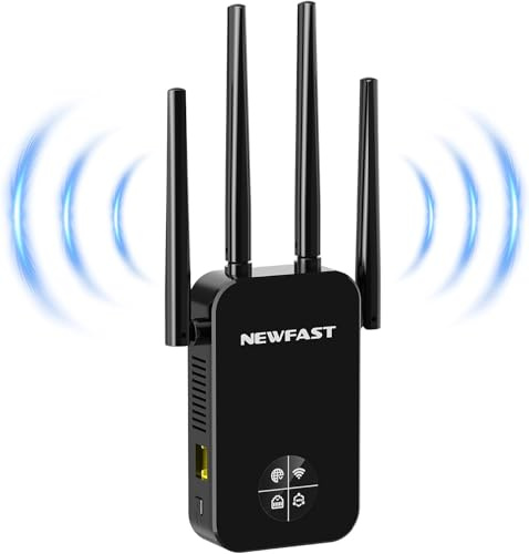 NEWFAST WLAN Verstärker,1200Mbps WiFi Extender Dual-Band WLAN Repeater mit 4 Schwenkbare Antenne,WPS,MU-MIMO,Unterstützung Repeater/Router/Ap Modus für Zuhause und Büro,1-Tippen Einrichten,EU Plug