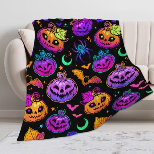 Halloween Superweiche Flanell-Kuscheldecke mit Motiven wie Kürbissen, Geistern und Fledermäusen, perfekt für Sofa, Bett oder Halloween Dekoration