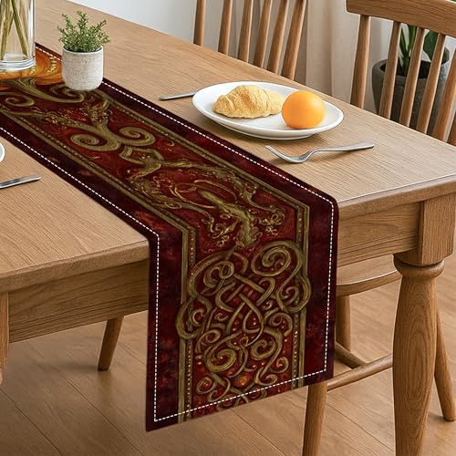 Mittelalterlicher Drachen-Tischläufer, Vintage-kunstvolles Muster, Herbst, Küche, Esszimmer, Dekoration für Zuhause, Familientreffen, Feiertage, Feiern, 33 x 183 cm