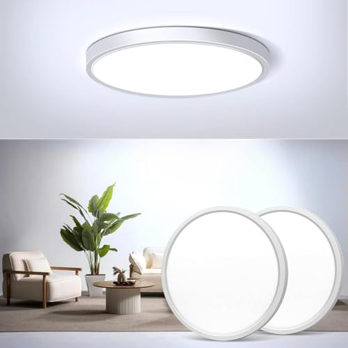 2-Pack LED Flush Mount Ceiling Light, 6000K Cool White Bathroom Light, 1500LM, Flat Modern Round Lighting, 7in/18cm 120W Equivalent White Ceiling Lamp for Kitchens, Bedrooms, Hallway.etc
