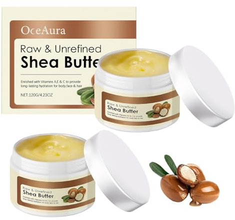 2 Bottles Organic Shea Butter Moisturiser with 2 Cream Spoons Raw Unrefined Natural Hydration for Skin Hair Face DIY Lipstick, Pure Natural, Deep Moisturizing, Charming Fragrance