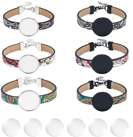 Craftora 6 Stück PU-Lederschnur-Armbandherstellungs-Set, Vintage, blanko, Fototablett, Armband, Band, bunte Armreif, Glas-Cabochons für DIY-Schmuckherstellung