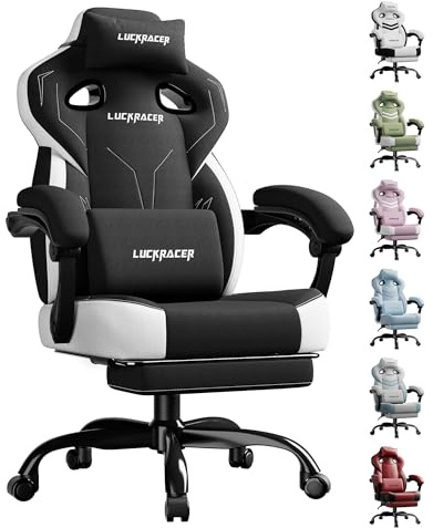LUCKRACER Gaming Stuhl Stoff, Bürostuhl mit verbundenen Armlehnen, Memory-Schaum-Kissen, 90–155° Neigungswinkel und Fußstütze, strapazierfähigem Funktionsgewebe, schwarz