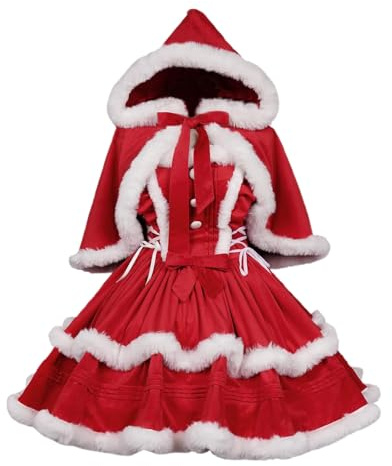 WAZHAKU Damen Weihnachtskleider süßes Lolita-Kleid Weihnachtskleider Kleid Frauen Ballkleid Roten Umhang Hut Set Party Damen Weihnachtsmann Kostüm Samt Miss Santa Claus Langarm Weihnachtsfrau
