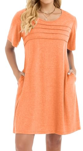 florynova Summer Dresses for Women Short Sleeve Knee Length Sundress Front Pleated T Shirt Dress with Pockets(Coral Orange Pink,L)