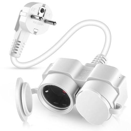 BOSYTRO Rallonge avec Prise Schuko, Double Prise avec Deux Prises et Capuchons Anti-poussière, Double fiche pour Usage intérieur/extérieur, Maximum 3500 W, 16 A 250 V, IP44, 0,25m Blanc