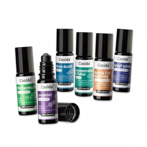 Casida Roll On Top 6 Set - 6 Duft Roll Ons mit naturreinen ätherischen Öle - verdünnt mit Kokosöl- Duftöl, Aromaöl- ideal für Aromatherapie und unterwegs - 6x10ml