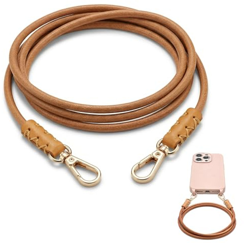 Chingcoo Chaîne de téléphone portable en cuir véritable - Cordon universel pour téléphone portable à porter autour du cou - Cordon et chaîne longue - Amovible et compatible avec tous les smartphones