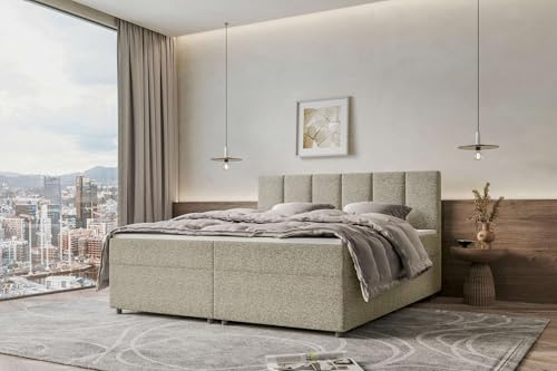 99rooms Bergamo Boxspringbett Doppelbett Ehebett Webstoff Malmo_NEW Beige 140x200 cm ohne Topper, Bonellfederkern-Matratze 19 cm