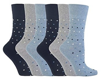 6 Pairs of SockShop Everyday Gentle Grip Socks Denim Blue Polka Dots RH49 Ladies 4-8
