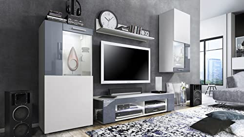 Vladon Wohnwand Movie, Anbauwand bestehend aus 1 TV-Board, 2 Vitrinen und 1 Regal, Weiß matt/Weiß matt/Grau Hochglanz, inkl. LED-Beleuchtung weiß (Gesamt: 300 x 190 x 39 cm)