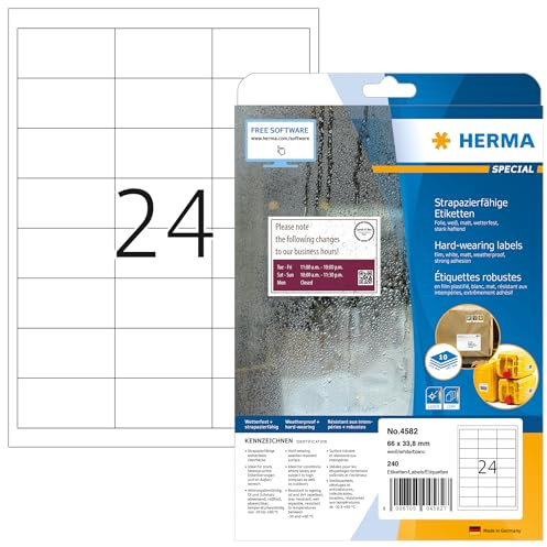 HERMA 4582 Wetterfeste Folienetiketten, 10 Blatt, 66 x 33,8 mm, 24 pro A4 Bogen, 240 Stück, selbstklebend, bedruckbar, matt, blanko Klebeetiketten Aufkleber aus Folie, weiß
