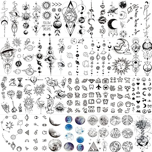 COKTAK 28 Blatt temporäre Tattoos Weltraum für Männer Frauen Kinder Junge Mädchen, Hände, Arm, Hals, klein Astronaut Planeten Mond Stern Fake Tattoos