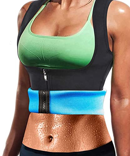 Damen Sauna Effekt Anzug Taille Trainer Weste Zipper Neopren Korsett Fitness Shapewear Kompression Top Körperformer für Workout Shirt (Blau, XL)