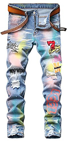 Herren Biker Jeans Ripped Straight Slim Fit Moto Denim Pants, 029 Blau, 50