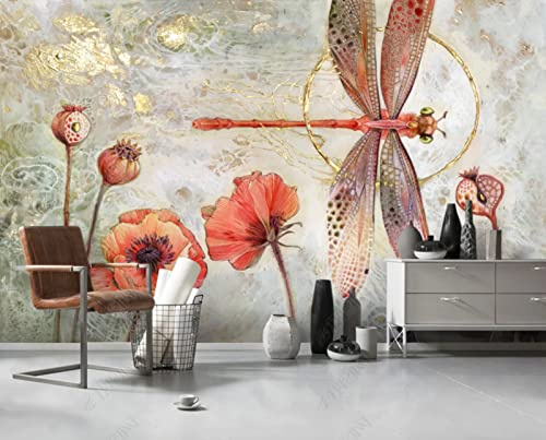 Fototapete 3D Effekt Moderne Minimalistische Handgemalte Libelle-Blumen-Tapete Im Nordischen Stil Vlies-Wandbild Wohnzimmer Schlafzimmer Wanddekoration 300Cm(W)*210Cm(H)