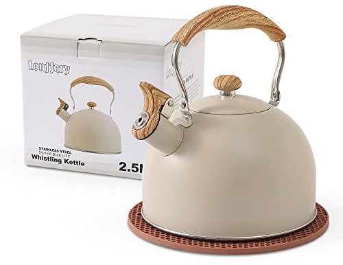 LONFFERY Tea Kettle for Stove Top, 2.5 Quart Whistling Tea Kettle, with Food Grade Stainless Steel and Wood Pattern Folding Handle, Creamy White