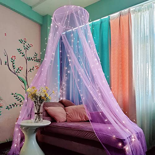 Eimilaly Betthimmel Moskitonetz mit 250pcs Bunte Vorhang Lichter, Betthimmel für Mädchen Zimmer Dekoration oder Motto-Party, Purple/Warmweiße Lichter