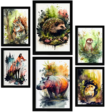 Nacnic Lebewesen Postern. Illustrationen von Tieren in Naturlandschaften, realistischer Aquarellstil. Innenarchitektur und Dekoration. A4 & A3.