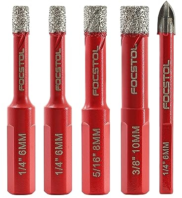 FOCSTOL Set Punte Trapano Diamantate - 4 pezzi 6/6/8/10mm Sega a Tazza Diamantata+1 pezzo 6mm Trapano al Carburo con Gambo Triangolare per Gres Porcellanato Ceramica Granito Marmo