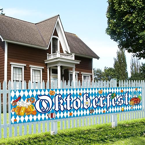 AhfuLife Oktoberfest Banner Deko, 300 × 60 cm Bayerische Oktoberfest Party Dekoration, Bayerisch Oktoberfest Deko Blau mit Weiße Girlande zum Aufhängen für Outdoor Bierzelten Garten (2 Stück)